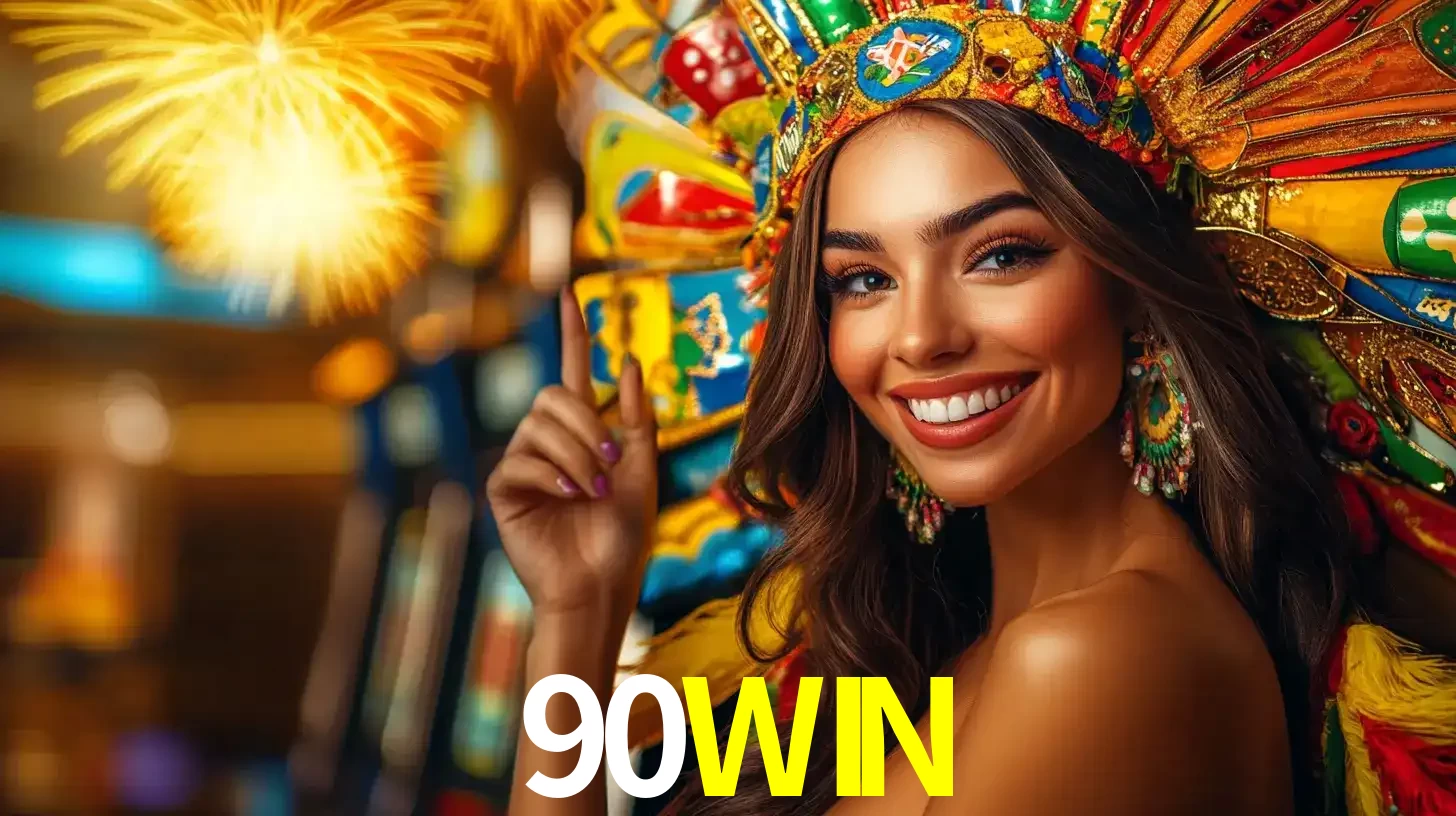 Mulher sorridente com um cocar de carnaval vibrante e colorido, celebrando uma grande vitória nos jogos do cassino 90WIN com fogos de artifício ao fundo.