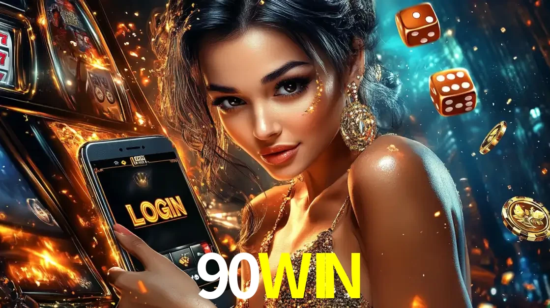 Mulher glamourosa segurando um celular com a tela de login do cassino 90WIN, rodeada por dados e moedas douradas, pronta para começar a diversão.