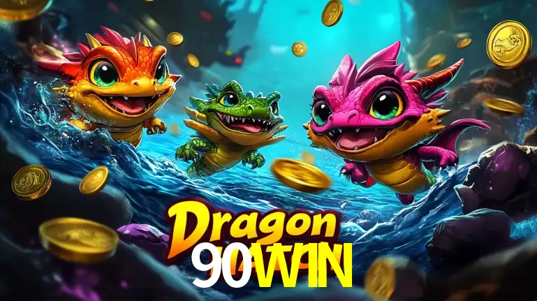 Arte promocional do jogo Dragon Hatch com três adoráveis dragões bebês nadando entre moedas de ouro, um dos slots mais divertidos para jogar no cassino 90WIN.
