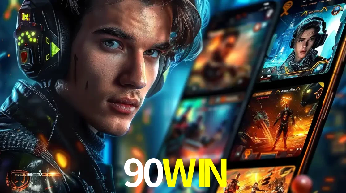 Jovem jogador com fones de ouvido olhando para a câmera, com um aplicativo de jogos e e-sports para celular ao fundo, pronto para a competição e apostas no 90WIN.