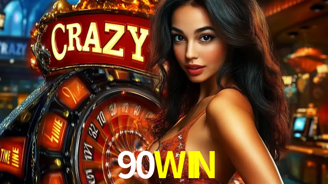 Mulher glamourosa olhando para a câmera com a roda vermelha do Crazy Time ao fundo em um ambiente de cassino, destacando a emoção dos jogos ao vivo no 90WIN.