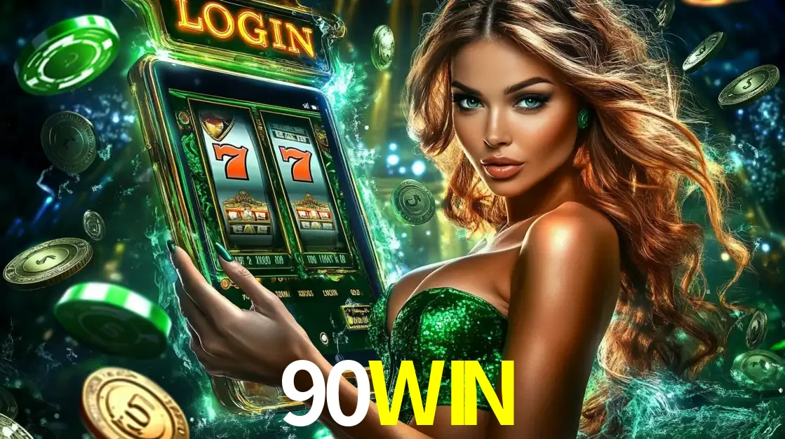 Mulher com tema verde apresentando o aplicativo do cassino 90WIN com um jogo de slot de 777, cercada por fichas de cassino e uma aura de sorte.