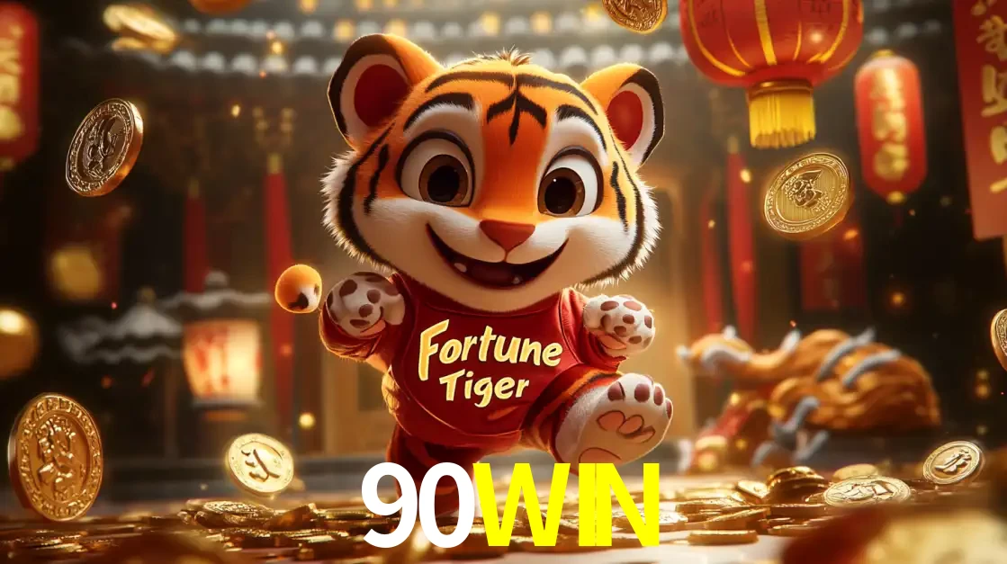 O alegre personagem do Fortune Tiger correndo sobre um caminho de moedas de ouro, simbolizando os grandes prêmios e a diversão do popular jogo de slot do 90WIN.