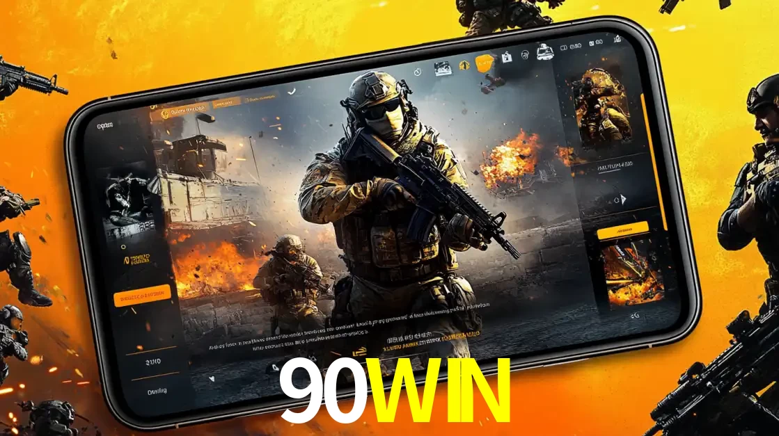 Um smartphone exibindo a interface de um jogo de tiro em primeira pessoa, com um soldado em um cenário de batalha, representando a ação dos e-sports para apostar no 90WIN.