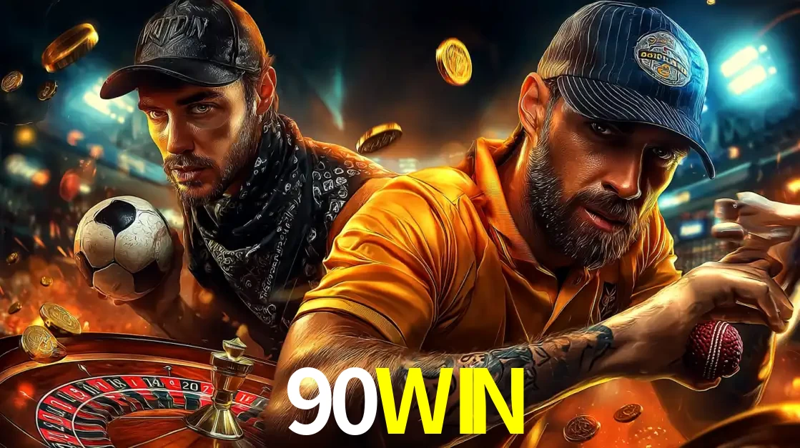 Montagem de apostas esportivas e cassino no 90WIN, com um homem segurando uma bola de futebol e outro uma de beisebol sobre uma roleta e moedas voadoras.