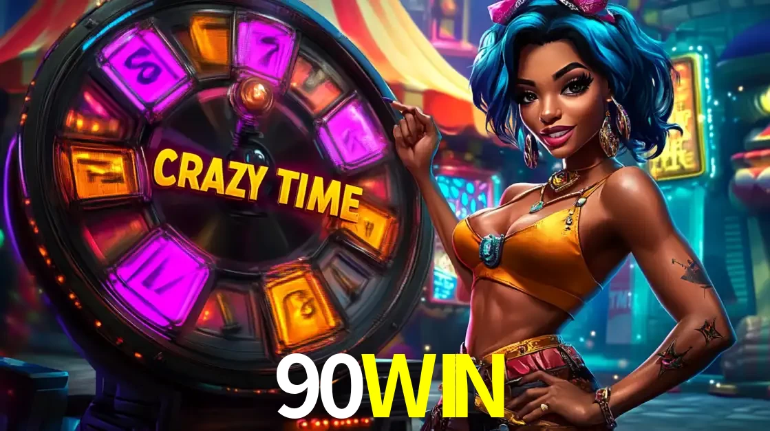 Mulher estilizada com cabelo azul e visual vibrante posando ao lado da roda de prêmios do game show Crazy Time, convidando para a diversão e os bônus do cassino 90WIN.