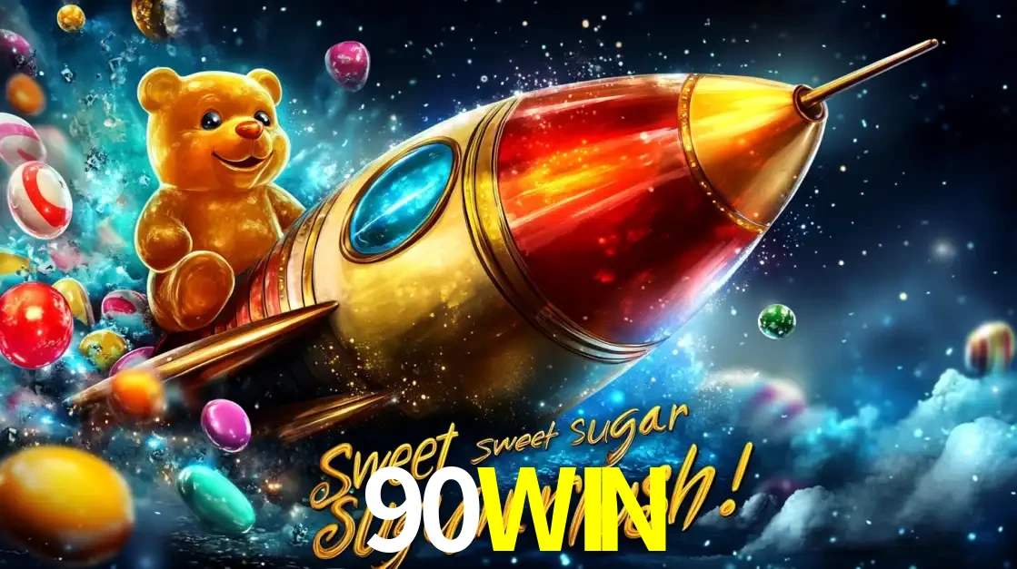 Arte promocional do jogo de slot Sugar Rush, com um urso de pelúcia em um foguete viajando pelo espaço de doces, um dos jogos divertidos disponíveis no cassino 90WIN.