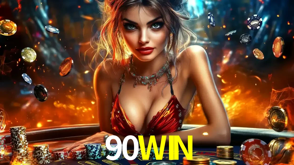 Mulher em uma mesa de cassino com pilhas de fichas e um fundo de fogo, pronta para uma rodada de altas apostas nos jogos de mesa emocionantes do cassino 90WIN.