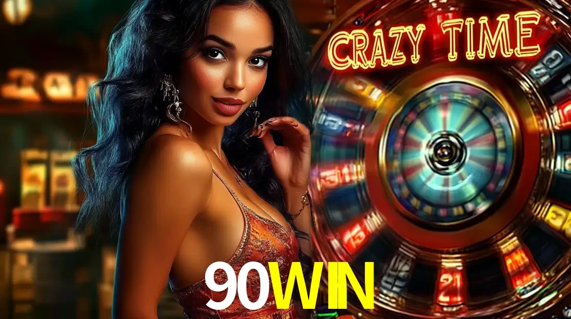 Mulher elegante ao lado da vibrante roda da fortuna do jogo de cassino ao vivo Crazy Time, um dos game shows mais populares e cheios de prêmios do 90WIN.