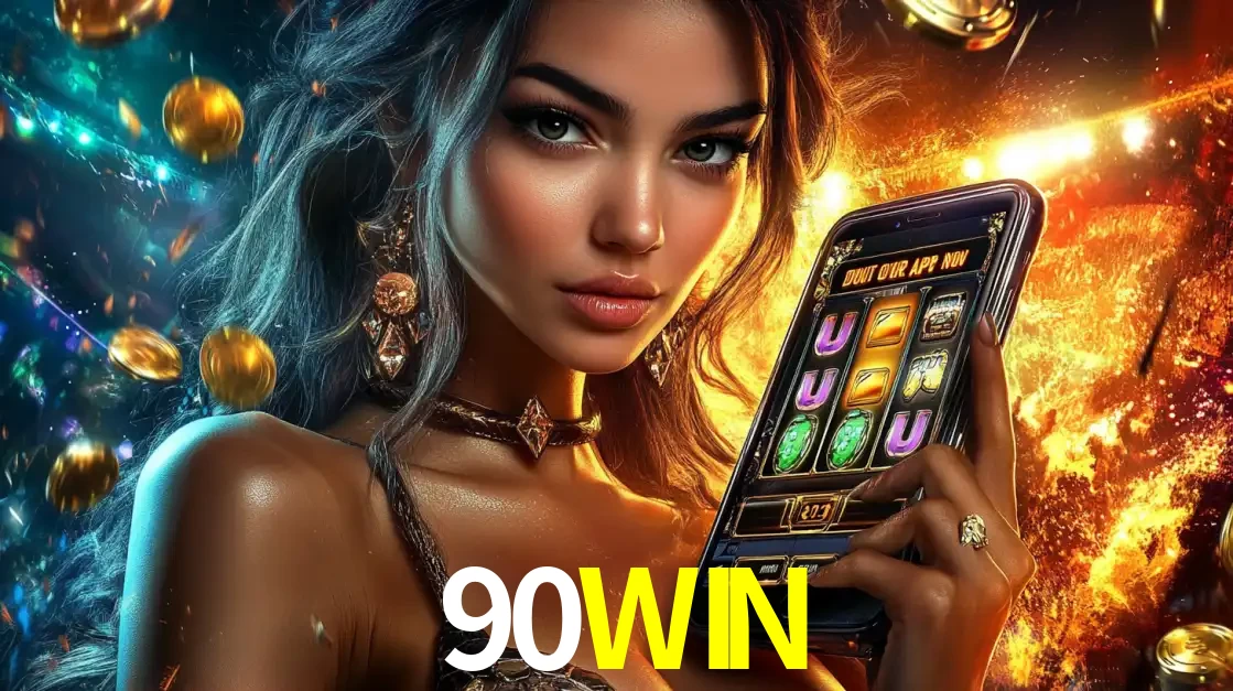 Mulher elegante mostrando um jogo de caça-níqueis em seu smartphone, destacando a experiência de cassino móvel oferecida pelo aplicativo 90WIN.