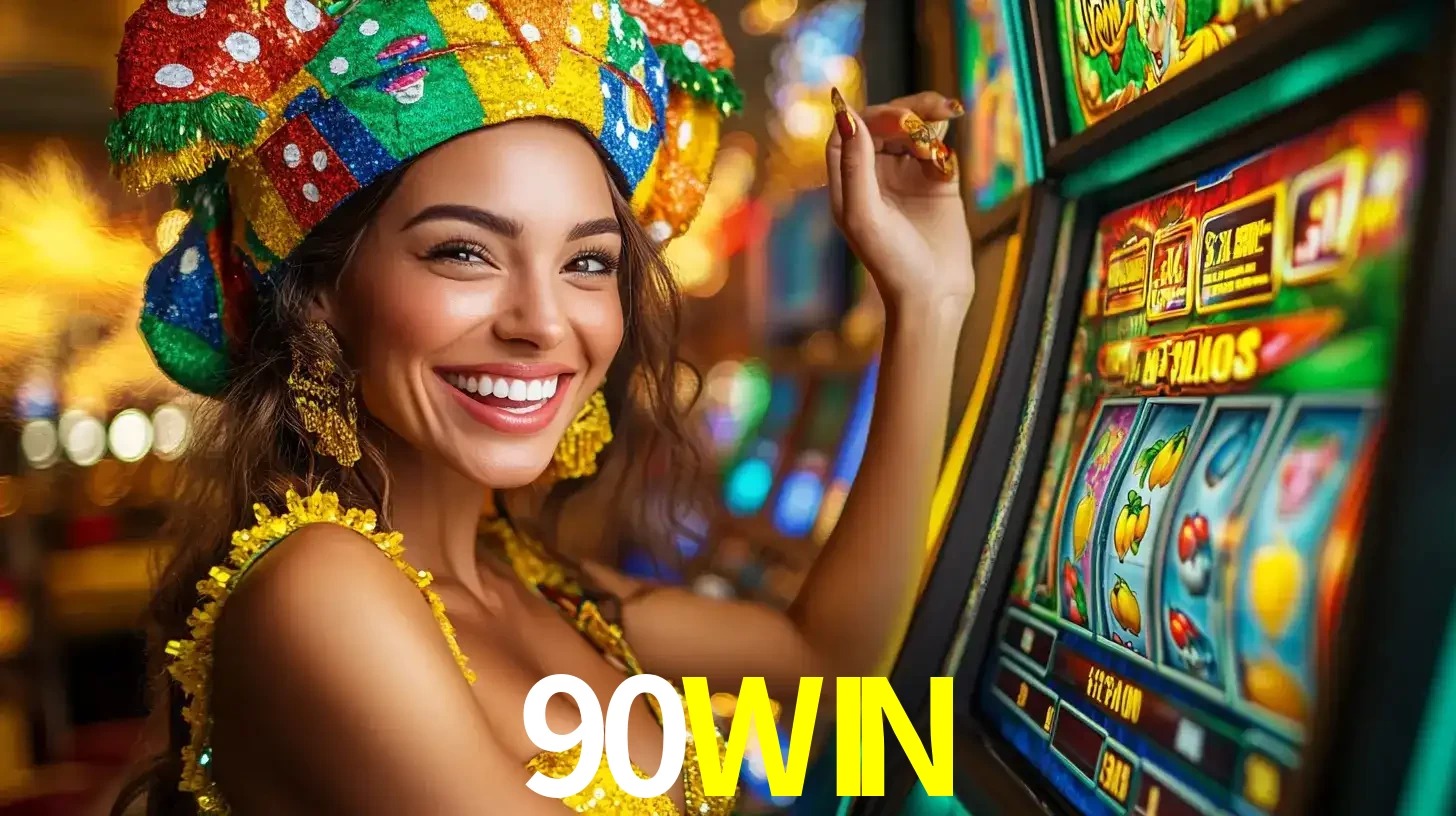 Mulher feliz com traje de carnaval amarelo e colorido ao lado de uma máquina de caça-níqueis, aproveitando a diversão e os jogos temáticos do cassino 90WIN.