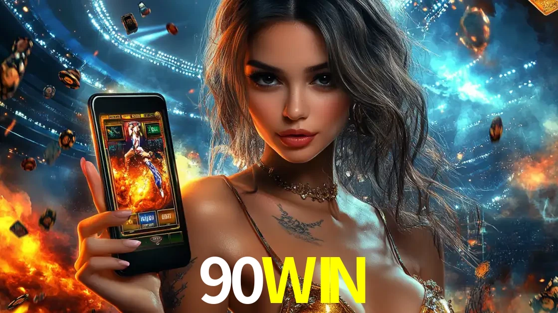 Mulher segurando um celular com um jogo de slot em destaque, tendo como fundo um estádio vibrante, simbolizando a emoção de jogar no cassino móvel 90WIN.