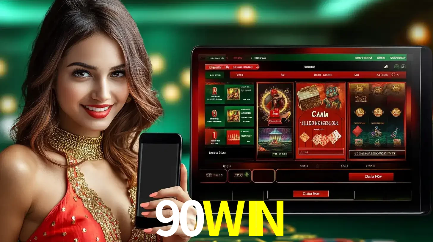 Mulher sorridente segurando um smartphone, ao lado de uma tela exibindo o lobby de jogos do cassino online 90WIN, com várias opções de jogos de cartas e slots.